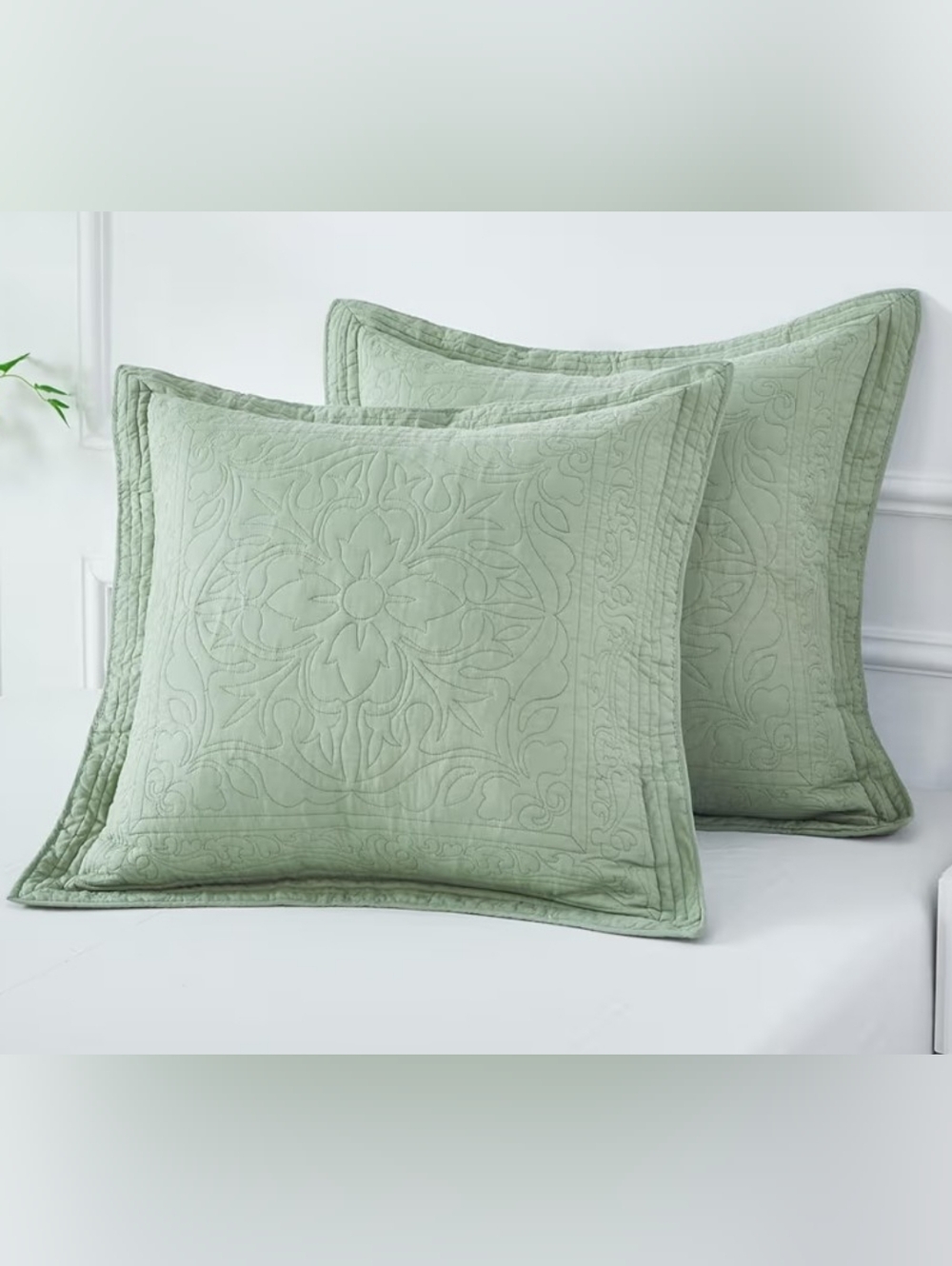 Set Of 2 Quilted Cotton Decorative Pillow Shams in Sage Green 26 X 26